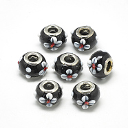 Handmade Lampwork European Beads, Bumpy Lampwork, with Platinum Brass Double Cores, Large Hole Beads, Rondelle with Flower, Black, 16x14x10.5mm, Hole: 5mm(LAMP-Q029-03K)