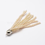 Electroplate Faceted Glass Bead Tassel Big Pendants, with Brass Findings, Platinum, PeachPuff, 71x9mm, Hole: 1.5mm(EGLA-L006-21)