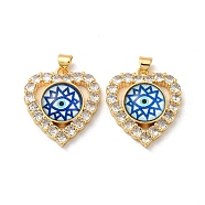 Real 18K Gold Plated Brass Pendants, with Glass and Acrylic, Heart with Evil Eye Charms, Sky Blue, 26x22.5x7mm, Hole: 4.5x3.5mm(KK-L209-005G-02)