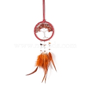 Iron & Natural Carnelian Woven Web/Net with Feather Pendant Decorations, Flat Round with Tree, 75mm(PW-WG44935-03)