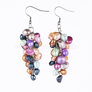 Dangle Earrings, Cluster Earrings, with Natural Dyed Freshwater Pearl and Stainless Steel Earring Findings, Stainless Steel Color, 65~66mm, Pin: 0.7mm(EJEW-JE03651)