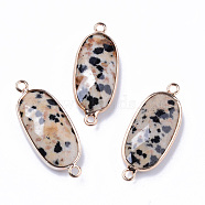 Natural Dalmatian Jasper Links Connectors, with Light Gold Plated Edge Brass Loops, Oval, Faceted, 27x11x5.5mm, Hole: 2mm(G-R472-03F)