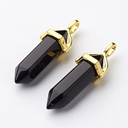 Glass Pointed Pendants, with Alloy Finding, Golden, Bullet, Black, 37~40x12.5x10mm, Hole: 3x4.5mm(GLAA-G021-A13)