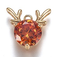 Golden Plated Brass Micro Pave Cubic Zirconia Charms, Antler Deer Shape, Red, 13x12.5x5.5mm, Hole: 1.2mm(ZIRC-H105-02)