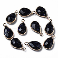 Synthetic Blue Goldstone Pendants, Faceted, with Golden Plated Brass Edge and Loop, Teardrop, 16.5x9x4.5mm, Hole: 1.6mm(G-Q998-033F)