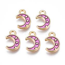 Light Gold Plated Alloy Enamel Pendants, Moon with Star, Deep Pink, 11.5x7.5x1.5mm, Hole: 1.5mm(X-ENAM-R136-19D)
