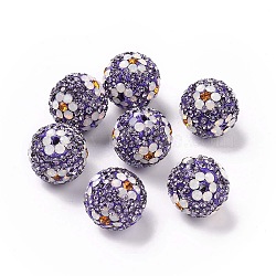 Polymer Clay Rhinestone Beads, Pave Disco Ball Beads, Round with Flower, Tanzanite, 16mm, Hole: 1.6~1.8mm(RB-L029-03C)