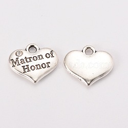 Wedding Theme Antique Silver Tone Tibetan Style Heart with Matron of Honor Rhinestone Charms, Cadmium Free & Lead Free, Crystal, 14x16x3mm, Hole: 2mm(TIBEP-N005-03A)