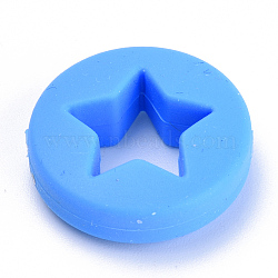 Food Grade Eco-Friendly Silicone Focal Beads, Chewing Beads For Teethers, DIY Nursing Necklaces Making, Flat Round with Star, Dodger Blue, 21x7mm, Hole: 2mm(SIL-T040-05)