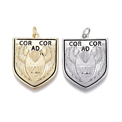 Brass Enamel Pendants, with Jump Rings, Long-Lasting Plated, Shield with Wings & Word, Black, Mixed Color, 25x20x3mm, Jump Rings: 5x1mm, Inner Diameter: 3mm(ZIRC-M108-42)