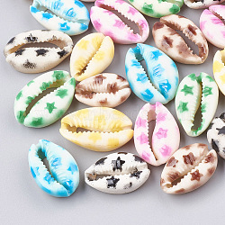 Printed Cowrie Shell Beads, No Hole/Undrilled, Star Pattern, Mixed Color, 20~26x13~18x5~7mm(SHEL-S274-03)