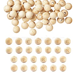 104Pcs 26 Style Unfinished Natural Wood European Beads, Large Hole Beads, Laser Engraved Pattern, Round with Letter, for Jewelry Making, Letter A~Z, 15~16x14~15mm, Hole: 4mm, 4pcs/Style(WOOD-LS0001-03)