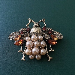 Bee Plastic Pearl with Rhinestone Brooch Pin, Alloy Badge for Backpack Clothes, Antique Golden, Topaz, 40x53mm(PW-WGFFCC2-01)