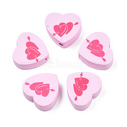 Spray Painted Maple Wood Beads, Printed, Heart, Pink, 16.5x17.5x6mm, Hole: 1.8mm, about 575pcs/500g(WOOD-Q030-88B)