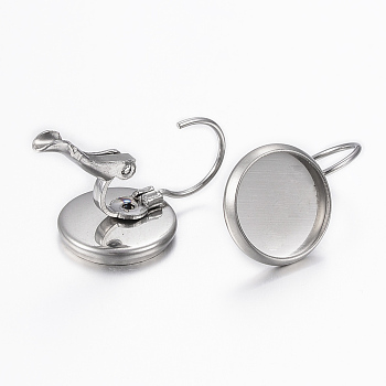 304 Stainless Steel Leverback Earring Findings, Flat Round, Stainless Steel Color, 19x12mm, Pin: 0.8mm, Tray: 10mm