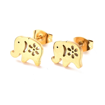 Ion Plating(IP) 304 Stainless Steel Stud Earrings, Elephant, Golden, 8x10mm, Pin: 0.8mm
