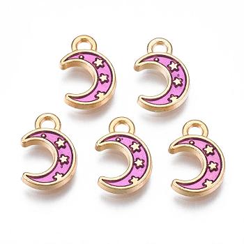 Light Gold Plated Alloy Enamel Pendants, Moon with Star, Deep Pink, 11.5x7.5x1.5mm, Hole: 1.5mm