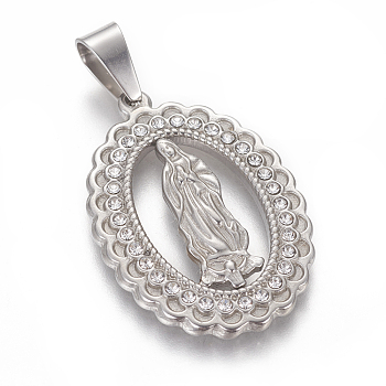 304 Stainless Steel Rhinestone Pendants, Lady of Guadalupe Charms, Oval with Virgin Mary, Stainless Steel Color, 35x24.5x3mm, Hole: 5x8mm