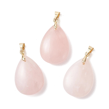 Natural Rose Quartz Pendants, Teardrop Charms with Brass Bails, Golden, 25x18x6.5mm, Hole: 4x3.5mm