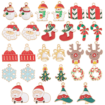 56Pcs 14 Style Christmas Alloy Enamel Pendants, Bell & Wreath & Snowman & Candy Cane & Reindeer, Mixed Color, 18~25.5x14~21.5x1~2mm, Hole: 1.2mm, 4pcs/style