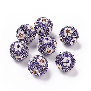 Polymer Clay Rhinestone Beads, Pave Disco Ball Beads, Round with Flower, Tanzanite, 16mm, Hole: 1.6~1.8mm
