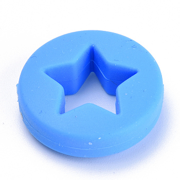 Food Grade Eco-Friendly Silicone Focal Beads, Chewing Beads For Teethers, DIY Nursing Necklaces Making, Flat Round with Star, Dodger Blue, 21x7mm, Hole: 2mm