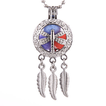 Alloy Diffuser Locket Pendants, with Dragonfly Pattern, Excluding Chain, Woven Net/Web with Feather, Platinum, 55x24mm