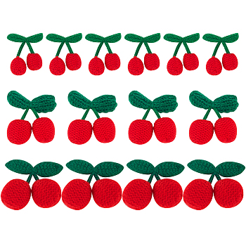 Crochet 14Pcs 3 Style 3D Cherry Ornament Accessories, Cotton Yarn Knitting Fruit, Red, 42.5~59x33~50x14~22mm