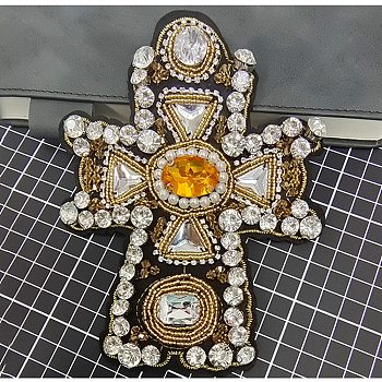 Cross Cloth Patches, Glass Beaded Appliques, Stick On Patch, with Rhinestone, Costume Accessories, Colorful, 125x115mm