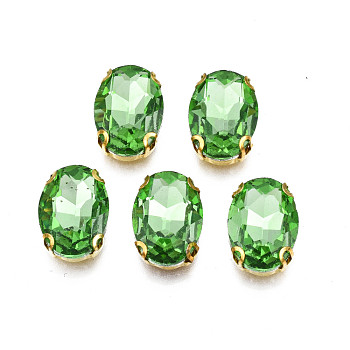 Sew on Rhinestone, Transparent Glass Rhinestones, with Iron Prong Settings, Faceted, Oval, Lime Green, 14x10x6mm, Hole: 1mm