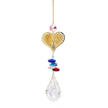 Hollow Alloy Hanging Ornaments, Colorful Glass Octagon Beads & Teardrop Tassel for Home Garden Decorations, Heart, 320mm, pendant: 150x45mm