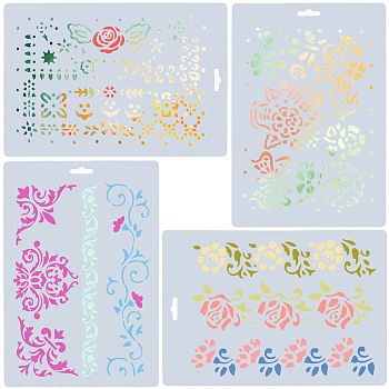 4Pcs 4 Styles Floral PET Drawing Painting Stencils Templates, for Painting on Scrapbook Fabric Canvas Tiles Floor Furniture Wood, Rectangle, Gainsboro, 260x178x0.2mm, 1pc/style