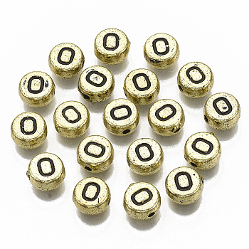 Plating Acrylic Beads, Horizontal Hole, Flat Round with Letter, Golden Plated, Black, Letter.O, 7x4mm, Hole: 1.2mm, about 3600pcs/500g.