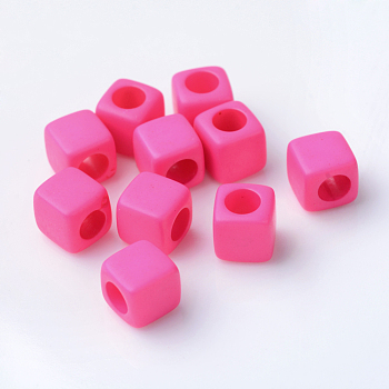 Solid Color Acrylic European Beads, Cube Large Hole Beads, Deep Pink, 7x7x7mm, Hole: 4mm, about 1900pcs/500g
