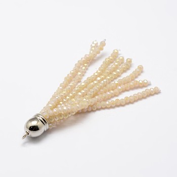 Electroplate Faceted Glass Bead Tassel Big Pendants, with Brass Findings, Platinum, PeachPuff, 71x9mm, Hole: 1.5mm