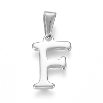 304 Stainless Steel Pendants, Stainless Steel Color, Initial Letter.F, 20x13.5x1.8mm, Hole: 3x7mm