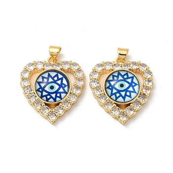 Real 18K Gold Plated Brass Pendants, with Glass and Acrylic, Heart with Evil Eye Charms, Sky Blue, 26x22.5x7mm, Hole: 4.5x3.5mm