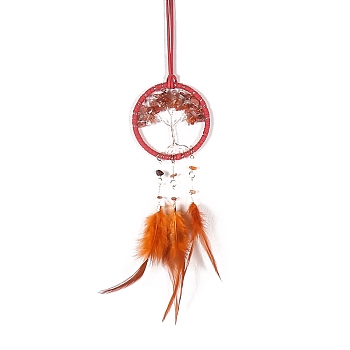 Iron & Natural Carnelian Woven Web/Net with Feather Pendant Decorations, Flat Round with Tree, 75mm