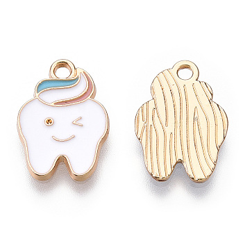 Alloy Pendants, with Enamel, Cadmium Free & Lead Free, Light Gold, Tooth, White, 17.5x12.5x1.5mm, Hole: 1.8mm