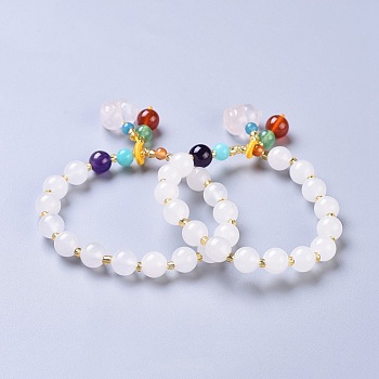 Natural White Jade Stretch Charm Bracelets, with Carnelian, Amethyst and Acrylic Beads, White, 2-1/8 inch~2-1/8 inch(5.3~5.4cm)