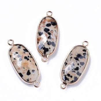 Natural Dalmatian Jasper Links Connectors, with Light Gold Plated Edge Brass Loops, Oval, Faceted, 27x11x5.5mm, Hole: 2mm