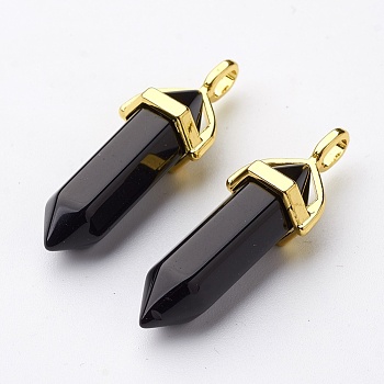 Glass Pointed Pendants, with Alloy Finding, Golden, Bullet, Black, 37~40x12.5x10mm, Hole: 3x4.5mm