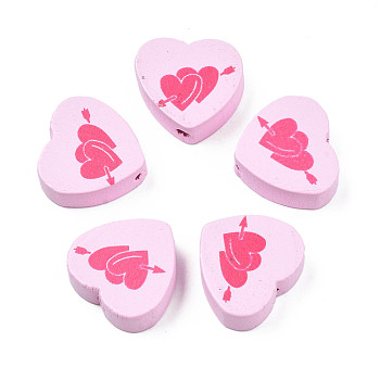 Spray Painted Maple Wood Beads, Printed, Heart, Pink, 16.5x17.5x6mm, Hole: 1.8mm, about 575pcs/500g