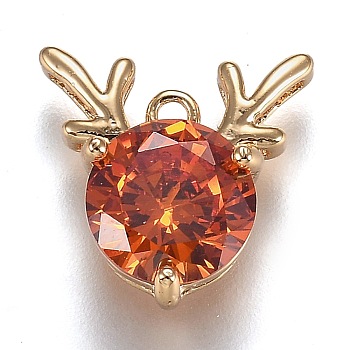 Golden Plated Brass Micro Pave Cubic Zirconia Charms, Antler Deer Shape, Red, 13x12.5x5.5mm, Hole: 1.2mm