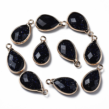 Synthetic Blue Goldstone Pendants, Faceted, with Golden Plated Brass Edge and Loop, Teardrop, 16.5x9x4.5mm, Hole: 1.6mm