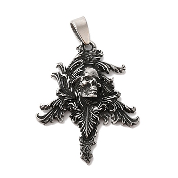 Halloween 304 Stainless Steel Pendants, Skull Charm, Antique Silver, 42.5x33x6.5mm, Hole: 3.5x7mm