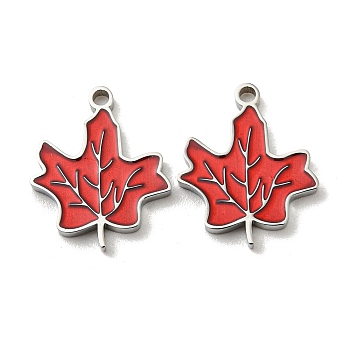 304 Stainless Steel Pendants, with Enamel, Maple Leaf Charms, Stainless Steel Color, 15.5x13x1.5mm, Hole: 1.4mm
