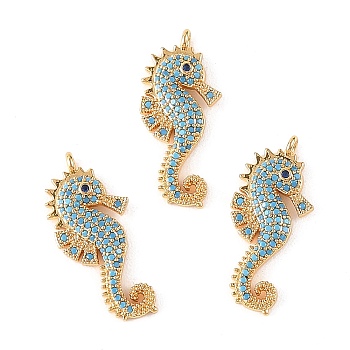 SHEGRACE Brass Synthetic Turquoise Pendants, Sea Horse Charms, Cadmium Free & Lead Free & Nickel Free, Long-Lasting Plated, Real 18K Gold Plated, 32x14.5x4mm, Hole: 1.8mm