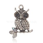 Alloy Rhinestone Bird Pendants, Owl Necklace Pendants for Halloween, Antique Silver, Crystal, 34x26x3mm, Hole: 3mm(RB-J246-10AS)