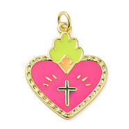 Rack Plating Brass Enamel Pendants, with Jump Ring, Long-Lasting Plated, Cadmium Free & Lead Free, Real 18K Gold Plated, Heart with Cross Charm, Hot Pink, 27x21x1.5mm, Hole: 3mm(KK-Q784-30G)